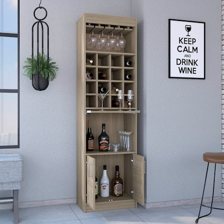 Beijing Kava Bar Cabinet, Double Door, Two Shelves, Sixteen Built-in Wine Rack, Light Pine